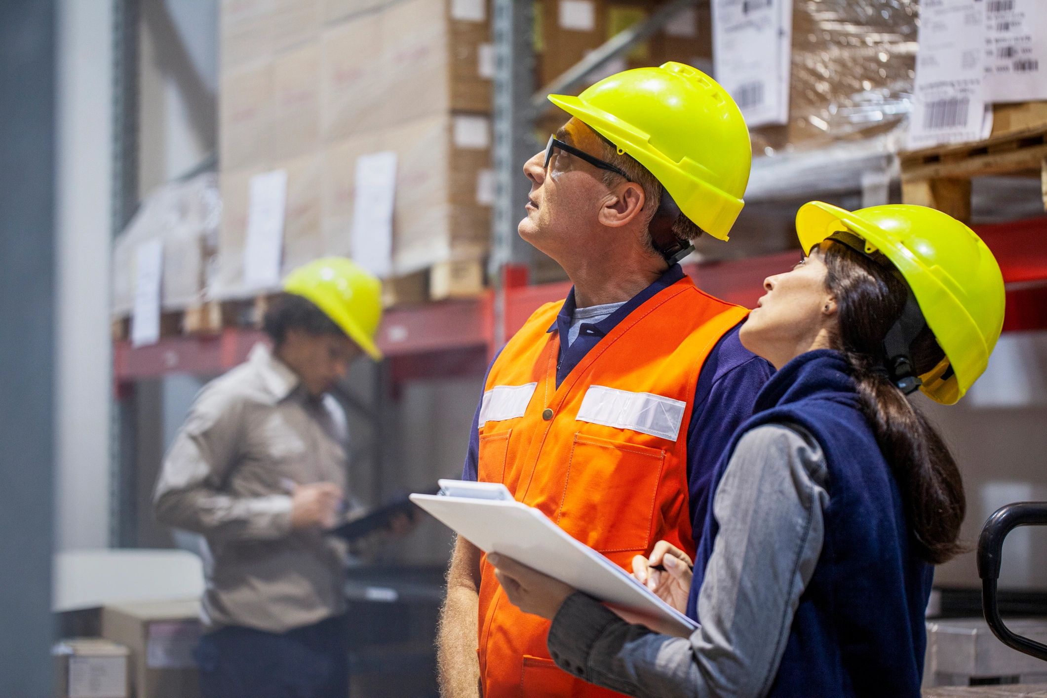 Logistics team conducting warehouse quality control